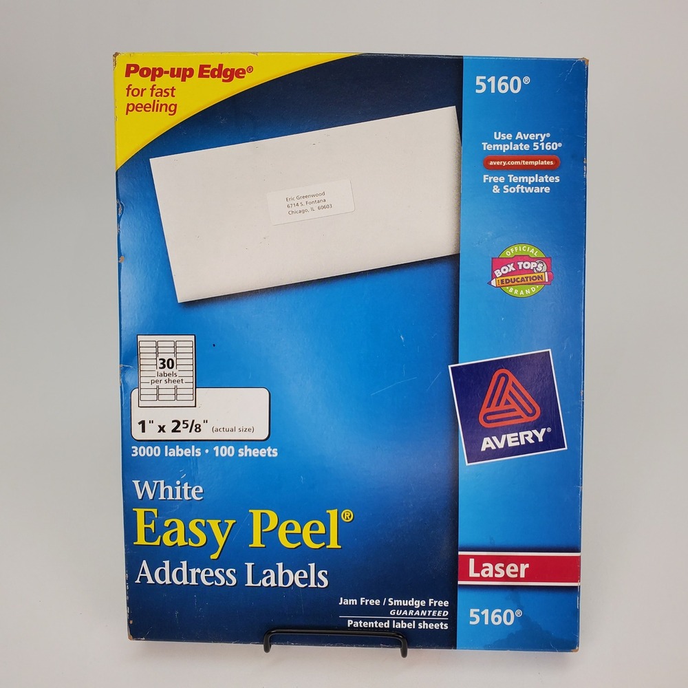 Avery 5160 White Easy Peel Address Labels Laser 1 x 2-5/8 3000 Labels 100 Sheets
